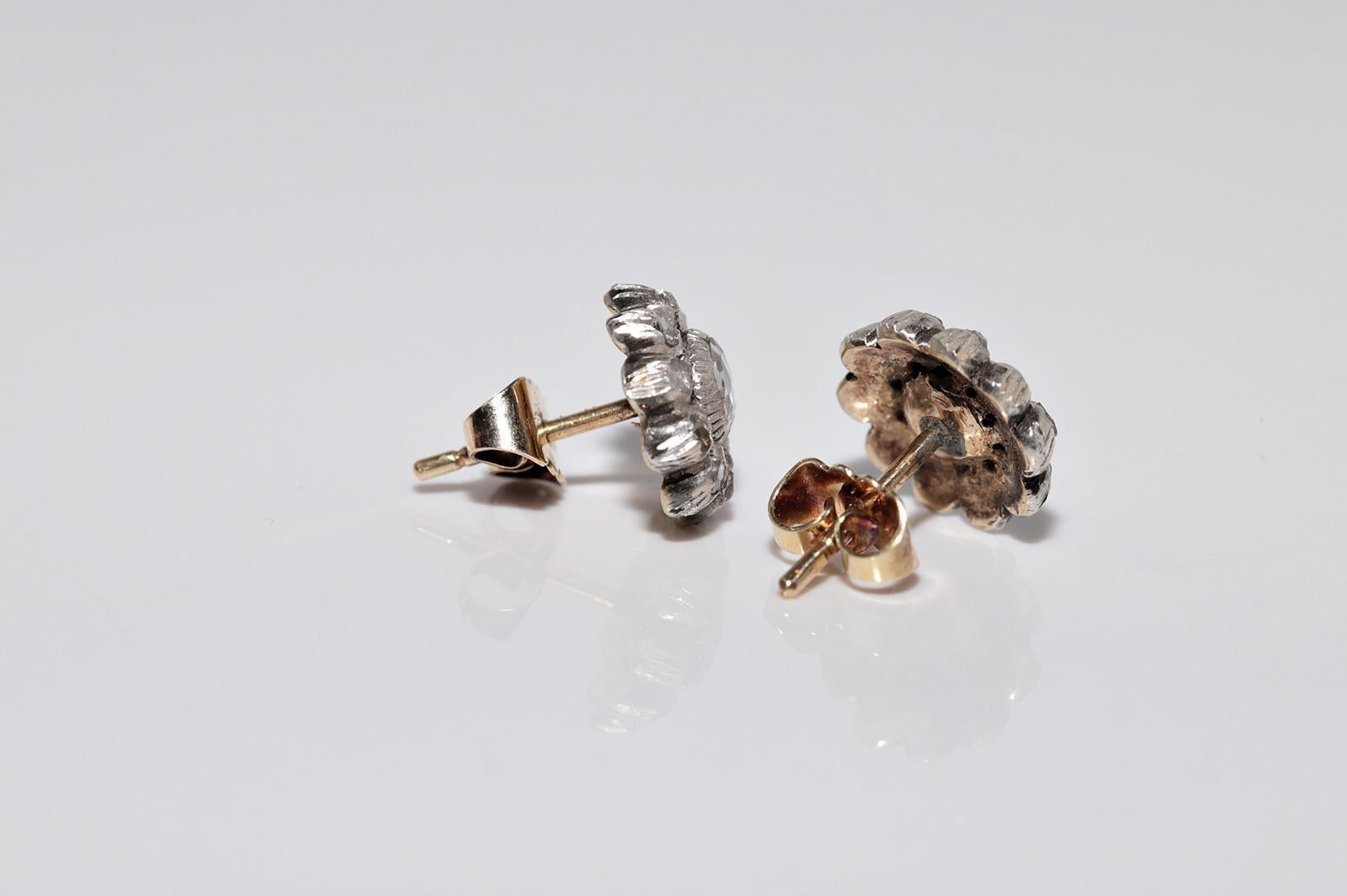 Antiker Ohrring, um 1900er Jahre, 14k Gold Top Silber natürlicher Diamant im Rosenschliff im Angebot 2