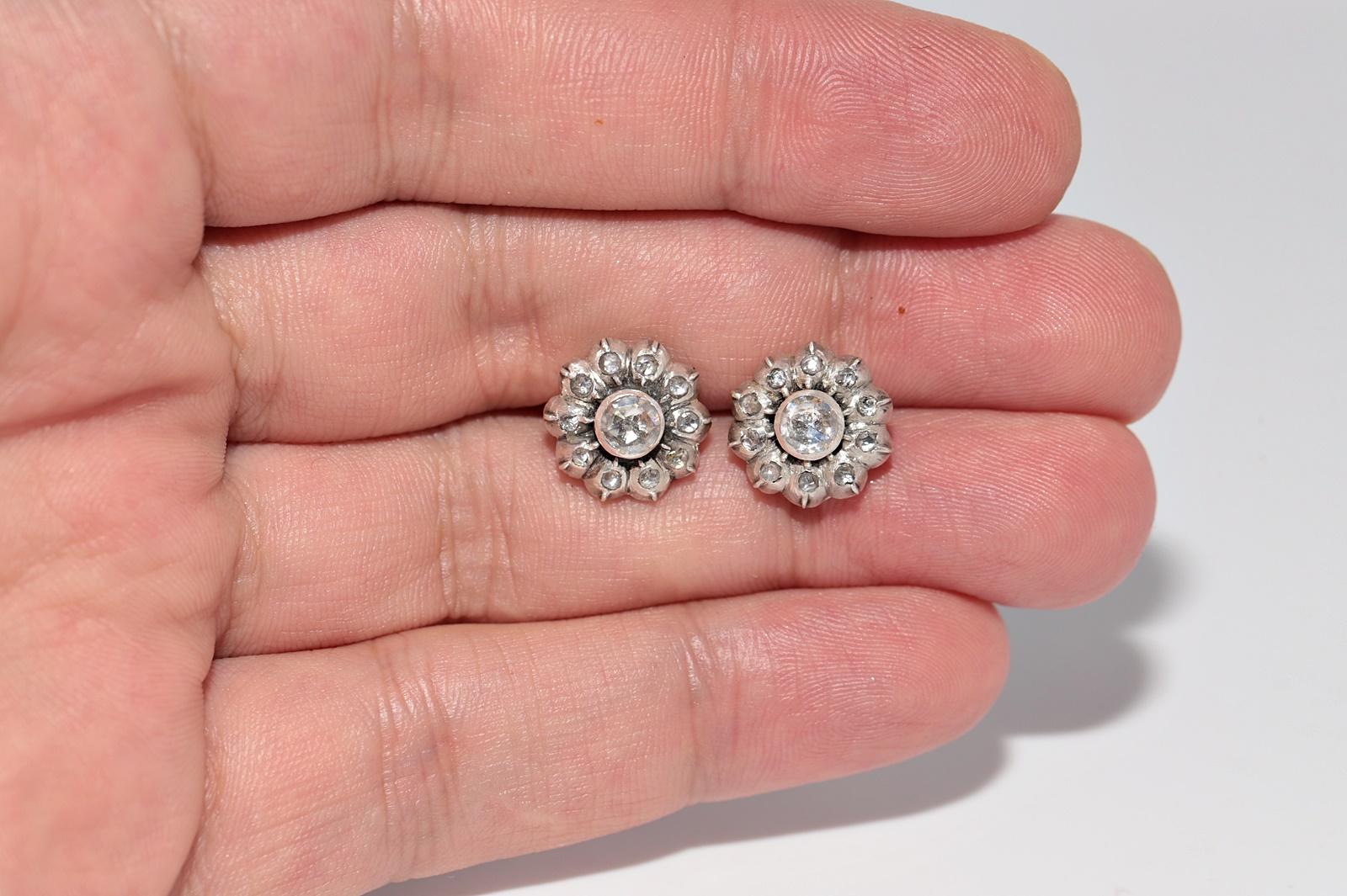 Antiker Ohrring, um 1900er Jahre, 14k Gold Top Silber natürlicher Diamant im Rosenschliff im Angebot 2