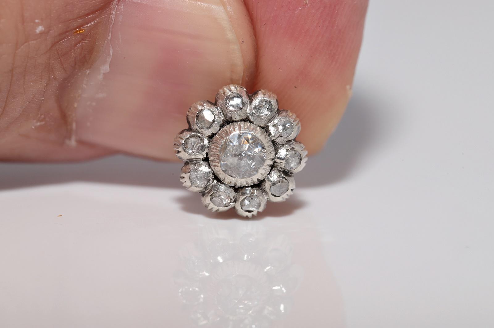 Antiker Ohrring, um 1900er Jahre, 14k Gold Top Silber natürlicher Diamant im Rosenschliff im Angebot 3