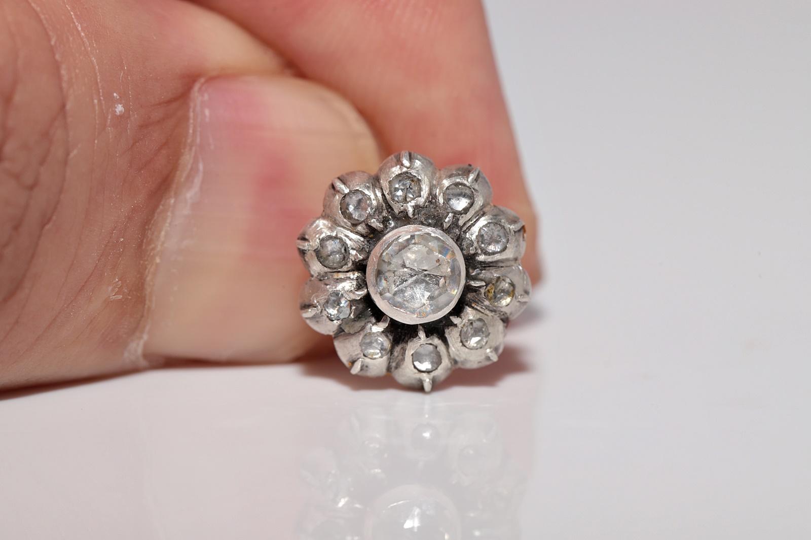 Antiker Ohrring, um 1900er Jahre, 14k Gold Top Silber natürlicher Diamant im Rosenschliff im Angebot 3