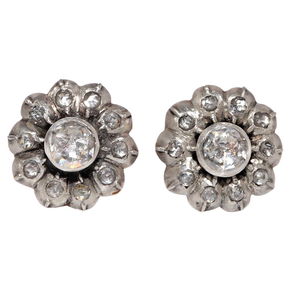 Antique Circa 1900s 14k Gold Top Silver Natural Rose Cut Diamond Earring