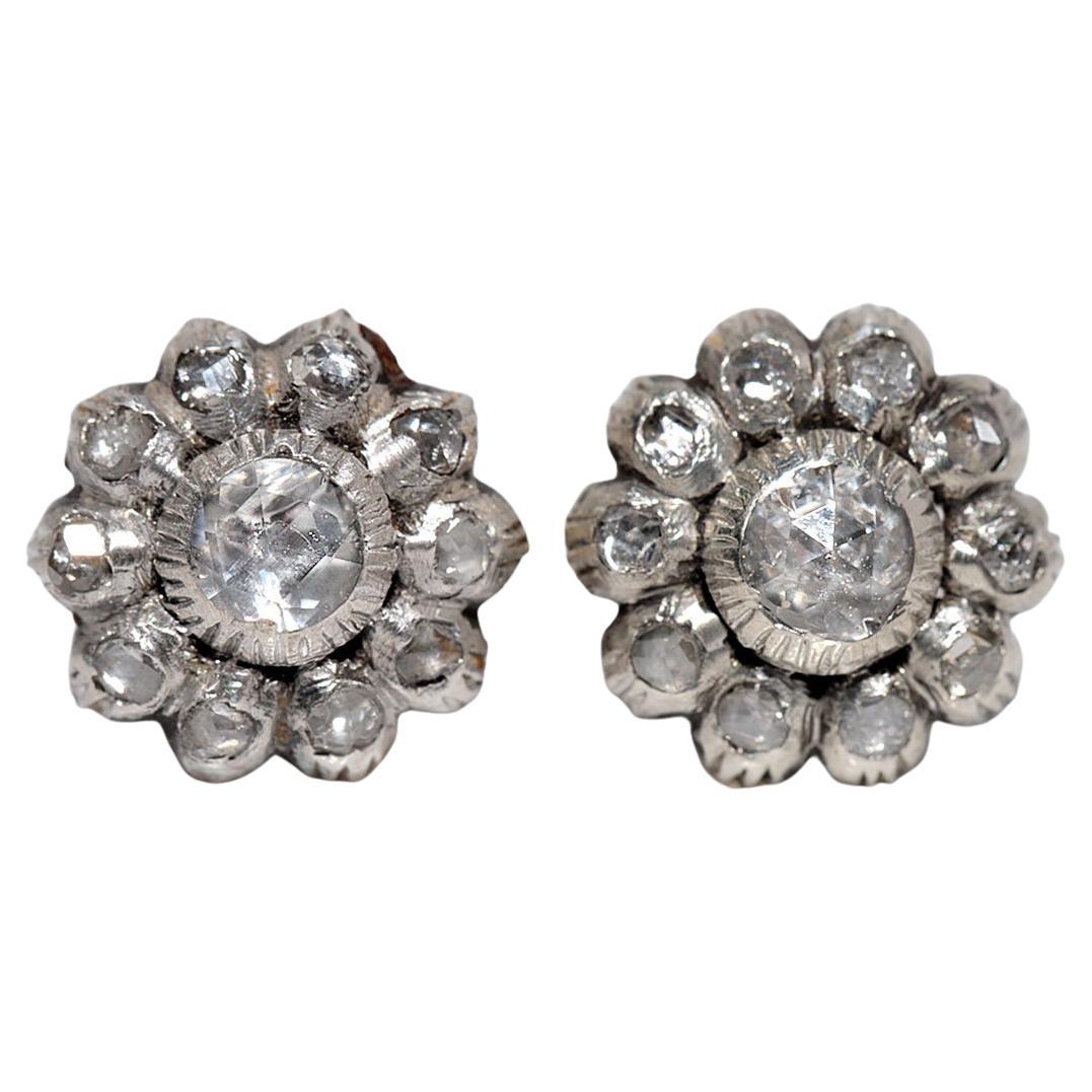 Antique Circa 1900s 14k Gold Top Silver Natural Rose Cut Diamond Earring