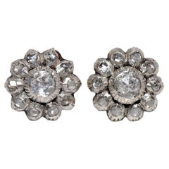 Antiquities Circa 1900s 14k Gold Top Silver Natural Rose Cut Diamond Earring