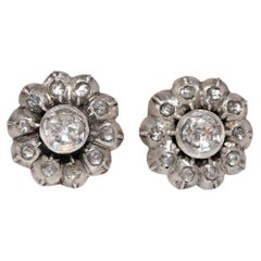 Antiquities Circa 1900s 14k Gold Top Silver Natural Rose Cut Diamond Earring