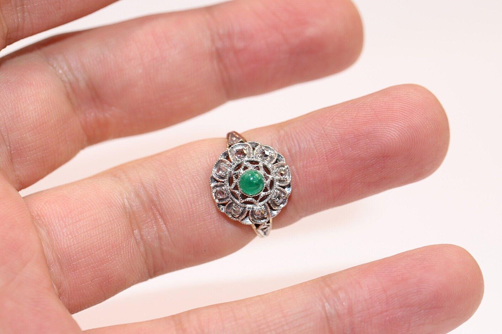 Antique Circa 1900s 14k Gold Top Silver Natural Rose Cut Diamond  Emerald Ring For Sale 3