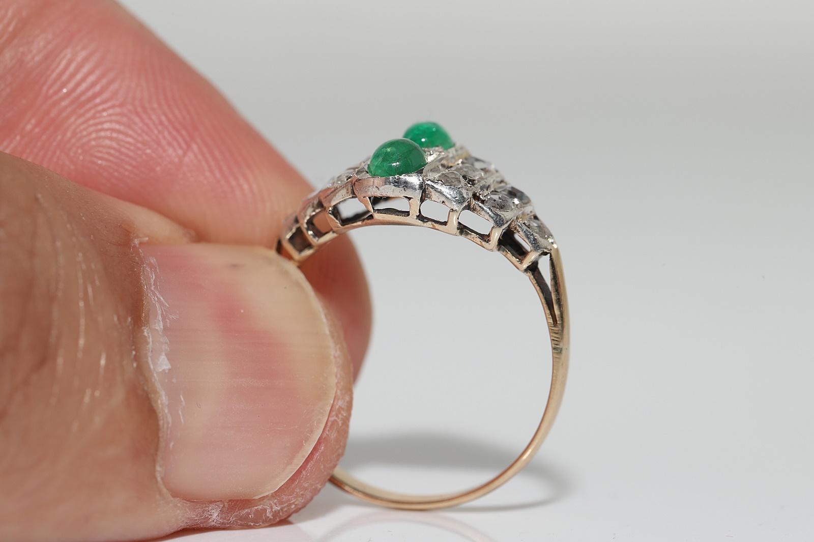 Antiker Circa 1900er Jahre 14k Gold Top Silber Natürlicher Rosenschliff Diamant Smaragd Ring im Angebot 5