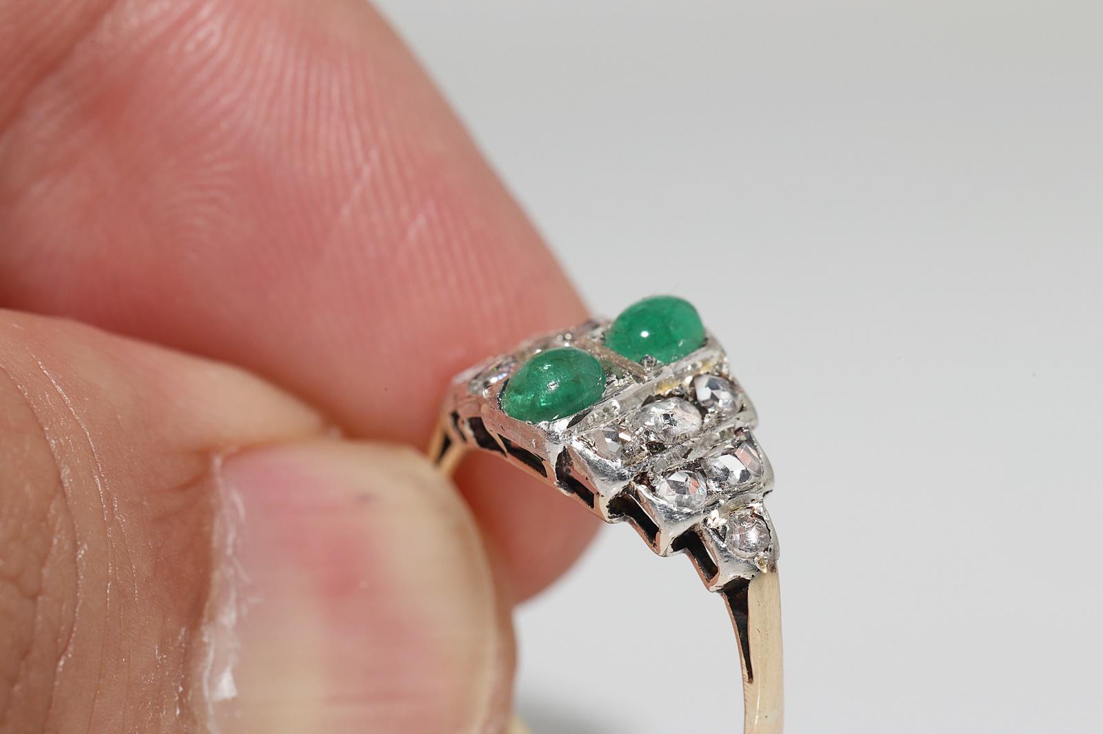 Antiker Circa 1900er Jahre 14k Gold Top Silber Natürlicher Rosenschliff Diamant Smaragd Ring im Angebot 6