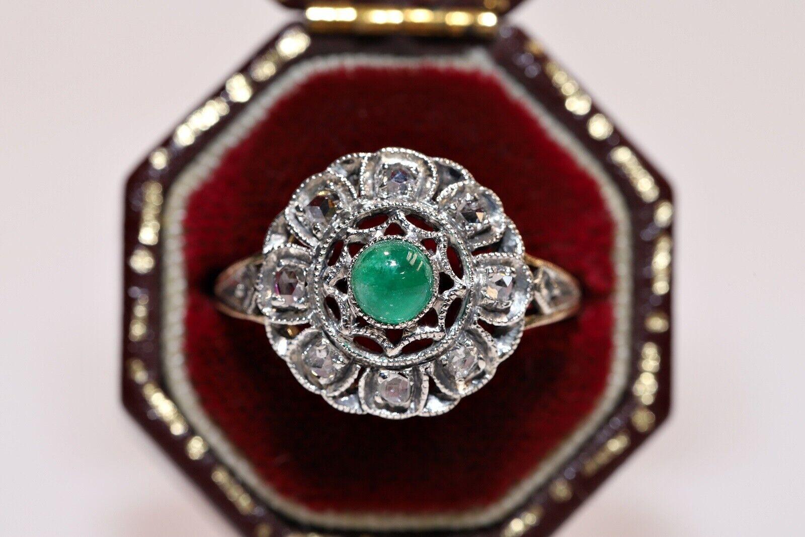 Antique Circa 1900s 14k Gold Top Silver Natural Rose Cut Diamond  Emerald Ring For Sale 5
