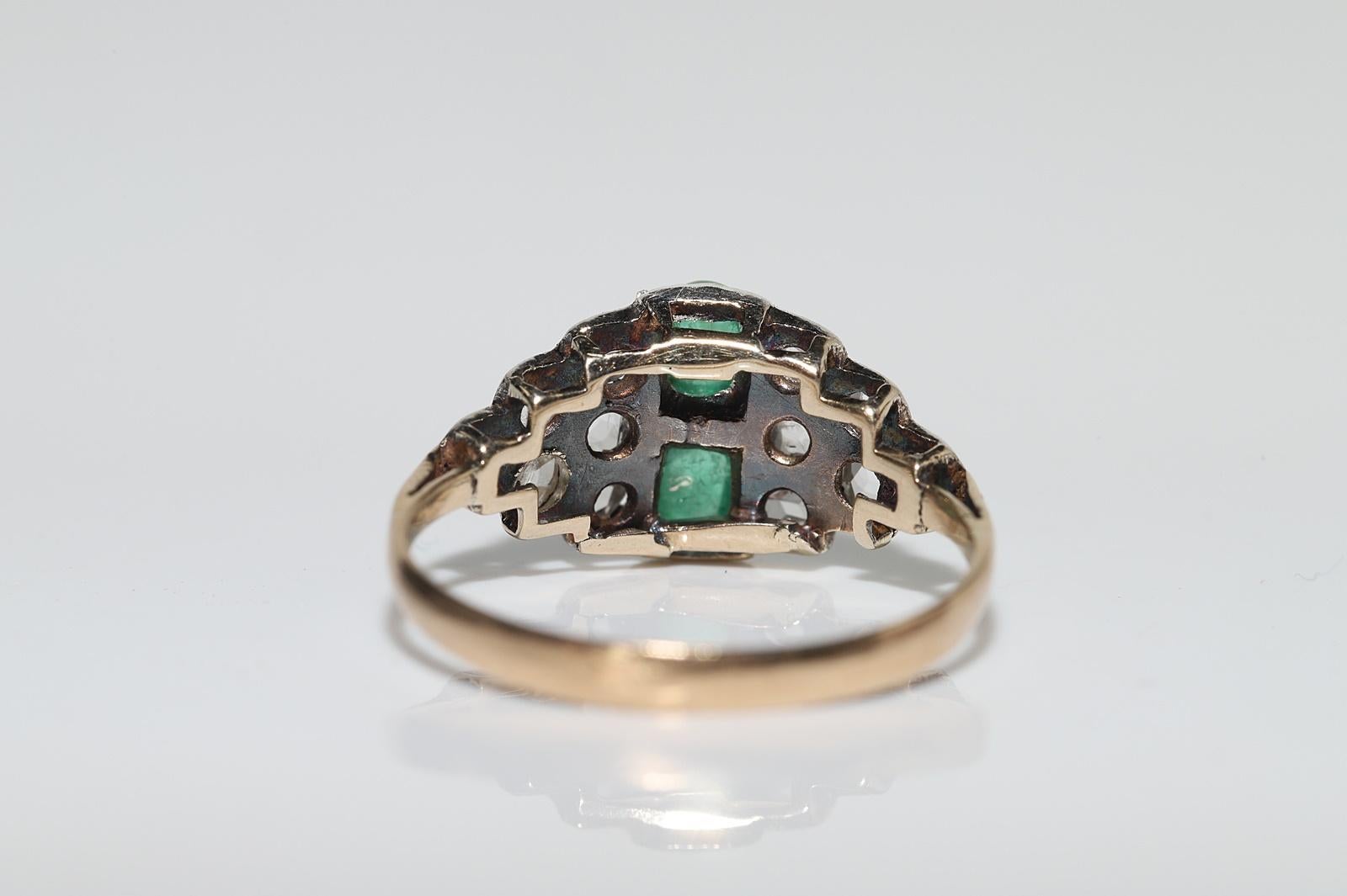 Antiker Circa 1900er Jahre 14k Gold Top Silber Natürlicher Rosenschliff Diamant Smaragd Ring im Angebot 7