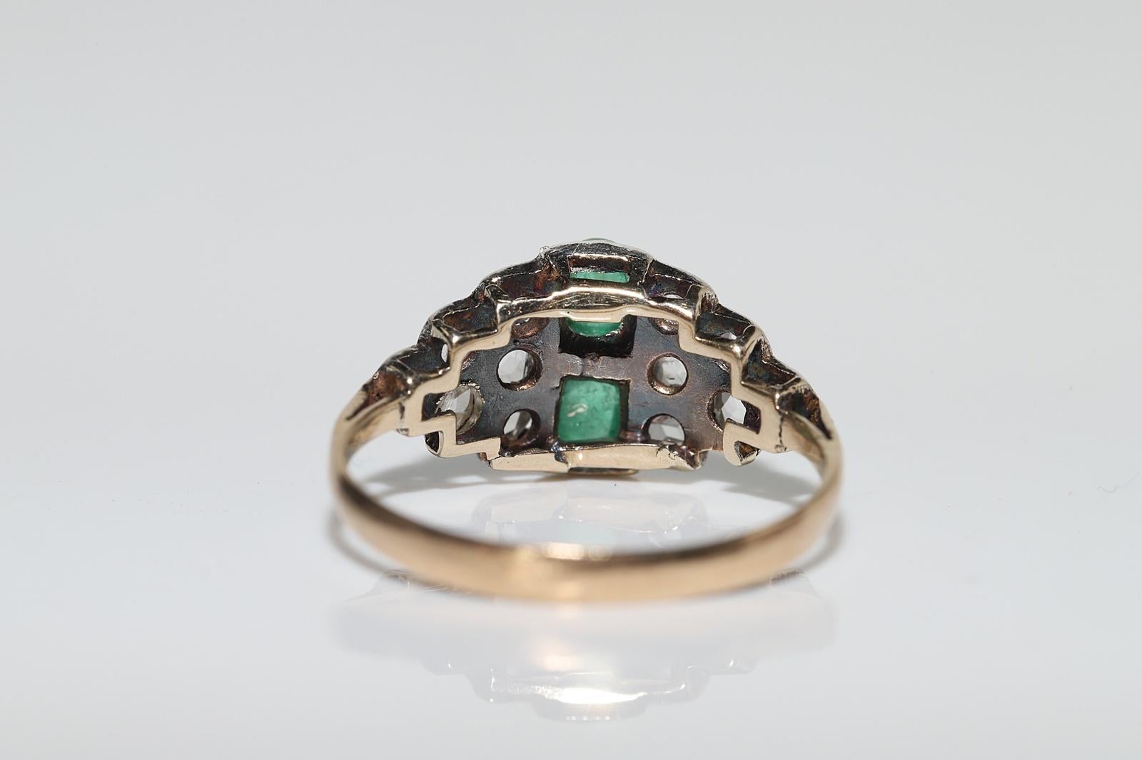Anello antico CIRCA 1900 in oro 14k e argento con diamante taglio rosa naturale e smeraldo in vendita 6