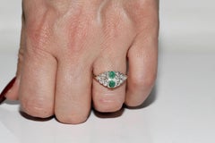 Antique Circa 1900s 14k Gold Top Silver Natural Rose Cut Diamond Emerald Ring