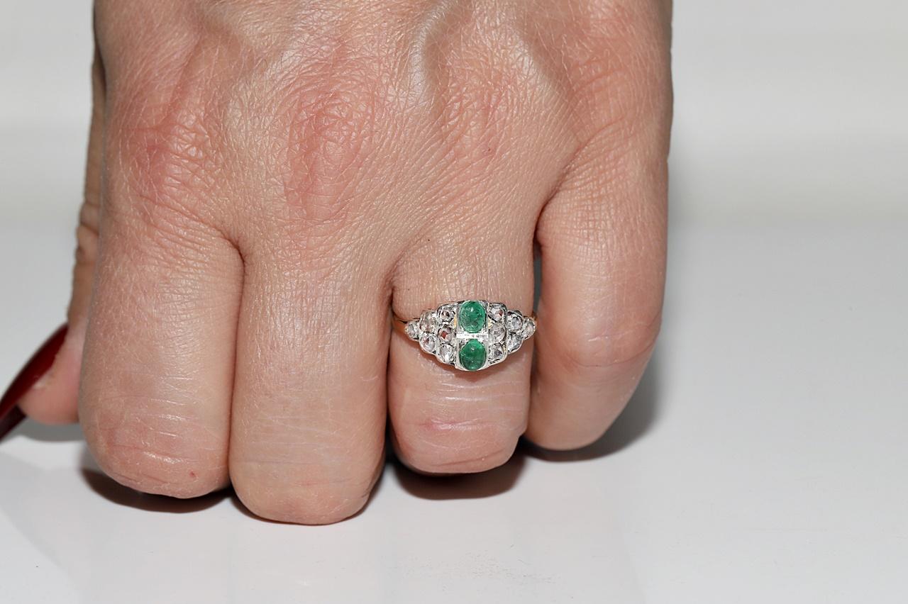 Victorian Antique Circa 1900s 14k Gold Top Silver Natural Rose Cut Diamond Emerald Ring For Sale