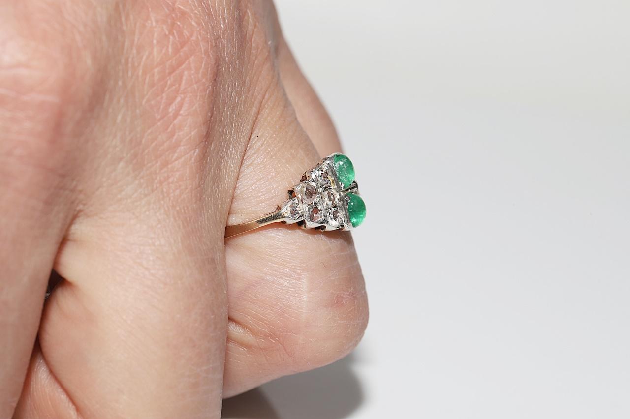 Antique Circa 1900s 14k Gold Top Silver Natural Rose Cut Diamond Emerald Ring In Good Condition For Sale In Fatih/İstanbul, 34