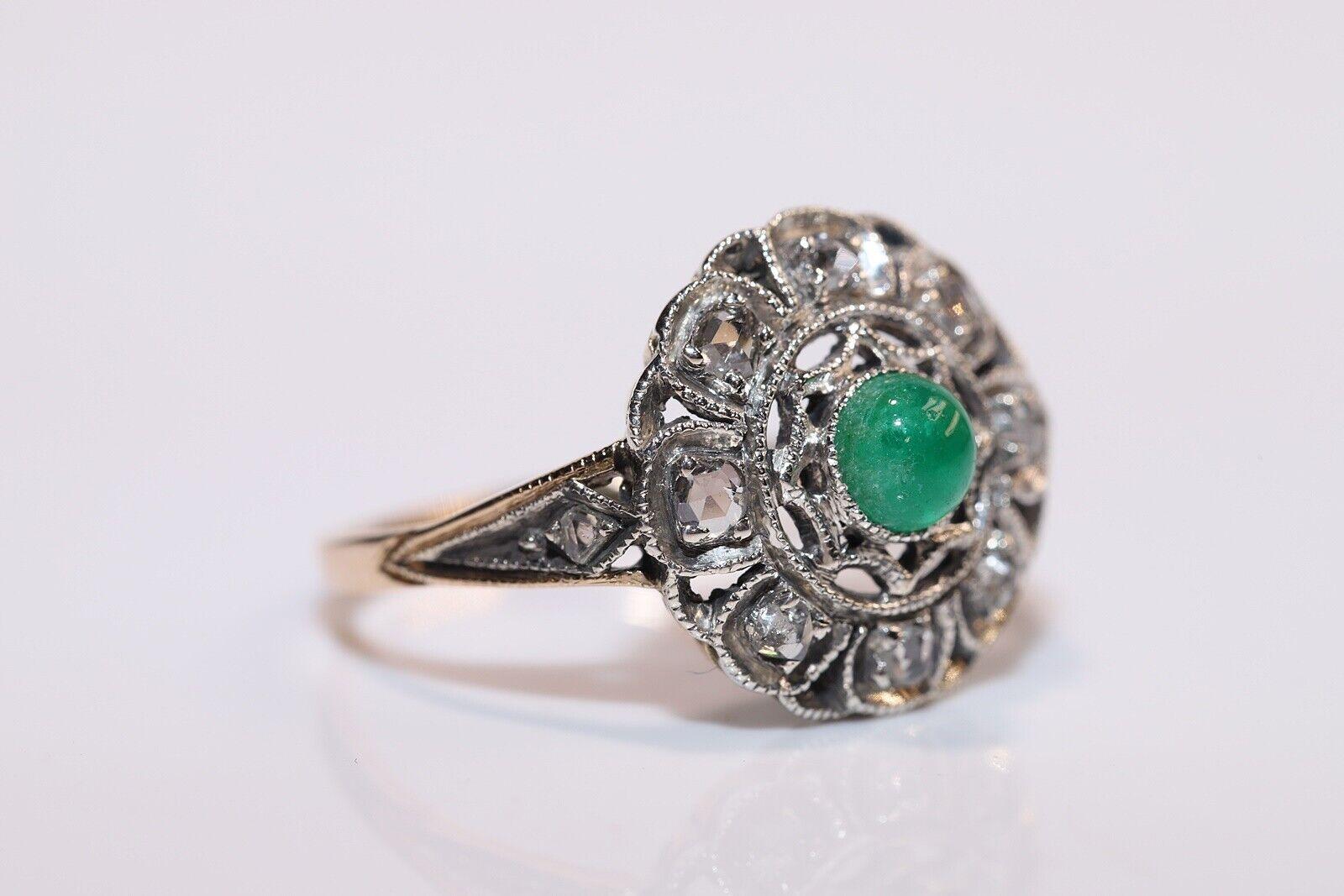 Victorian Antique Circa 1900s 14k Gold Top Silver Natural Rose Cut Diamond  Emerald Ring For Sale
