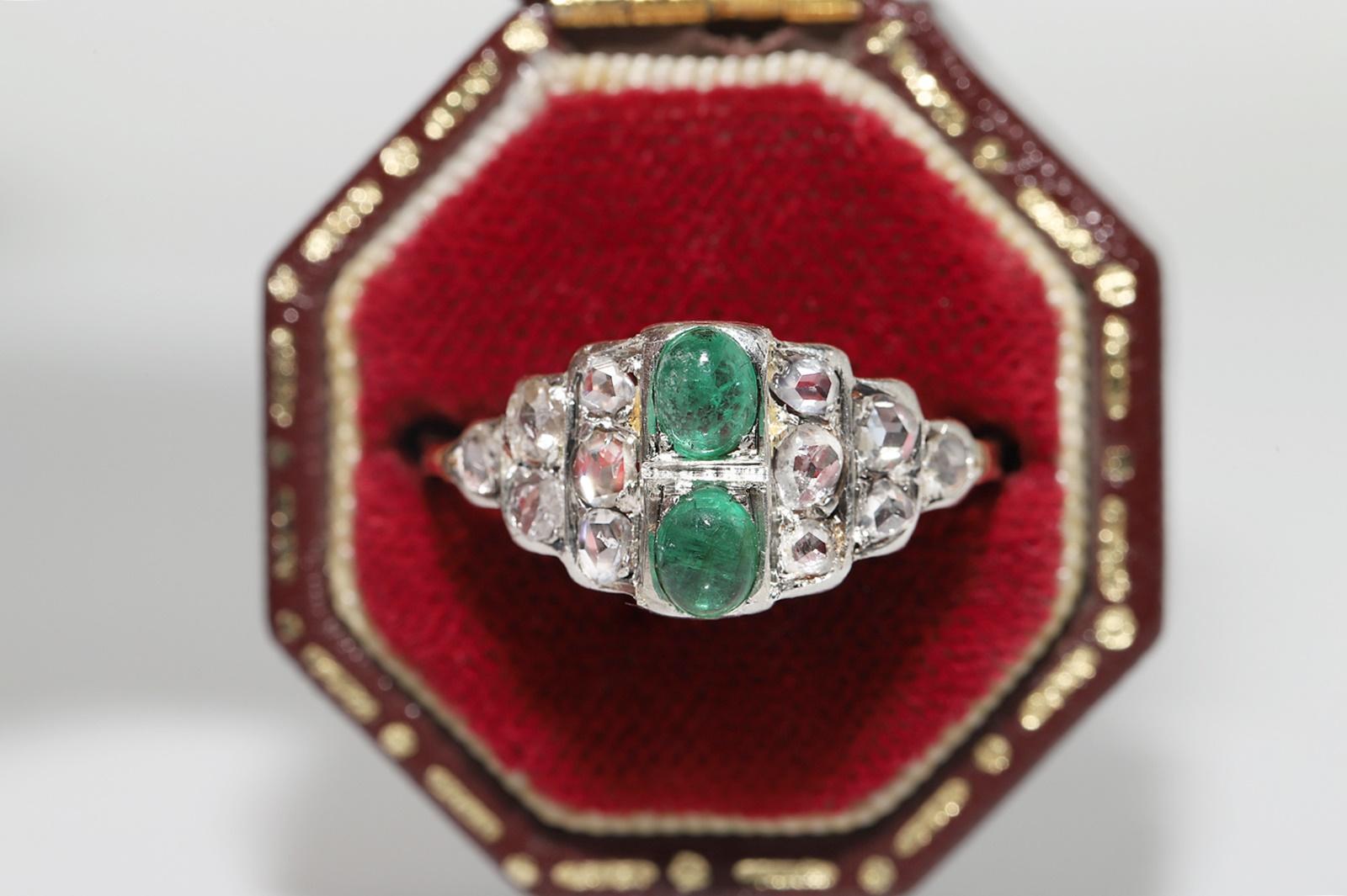 Antiker Circa 1900er Jahre 14k Gold Top Silber Natürlicher Rosenschliff Diamant Smaragd Ring Damen im Angebot