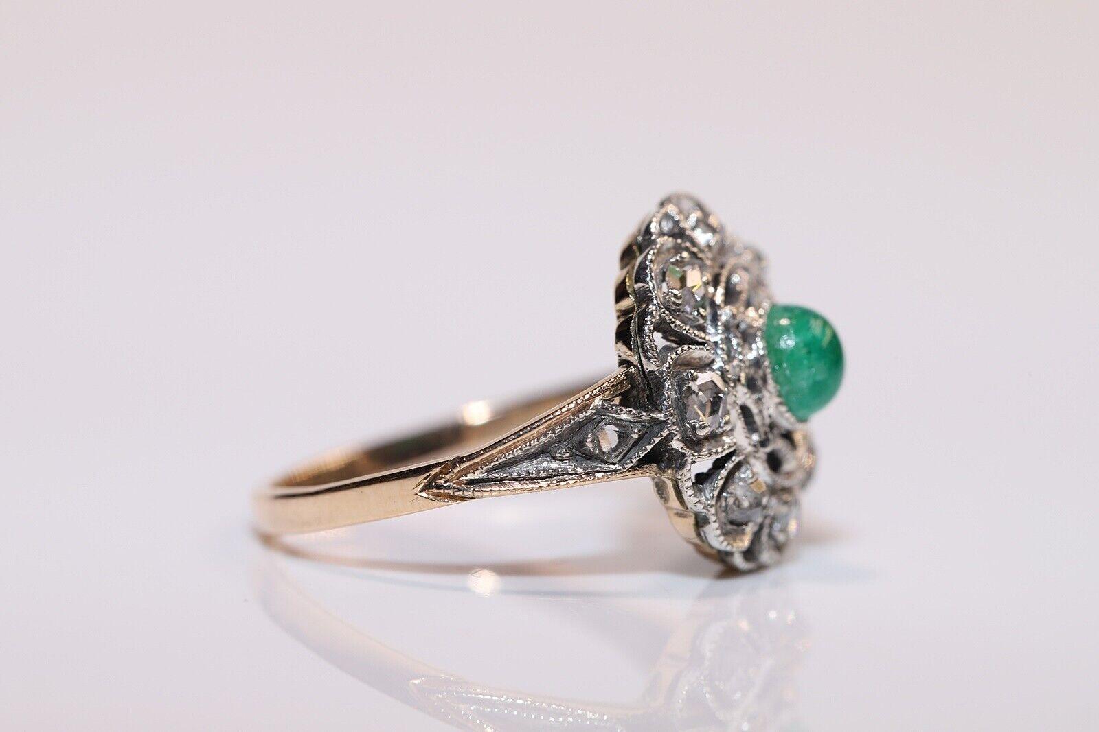 Antique Circa 1900s 14k Gold Top Silver Natural Rose Cut Diamond  Emerald Ring In Good Condition For Sale In Fatih/İstanbul, 34