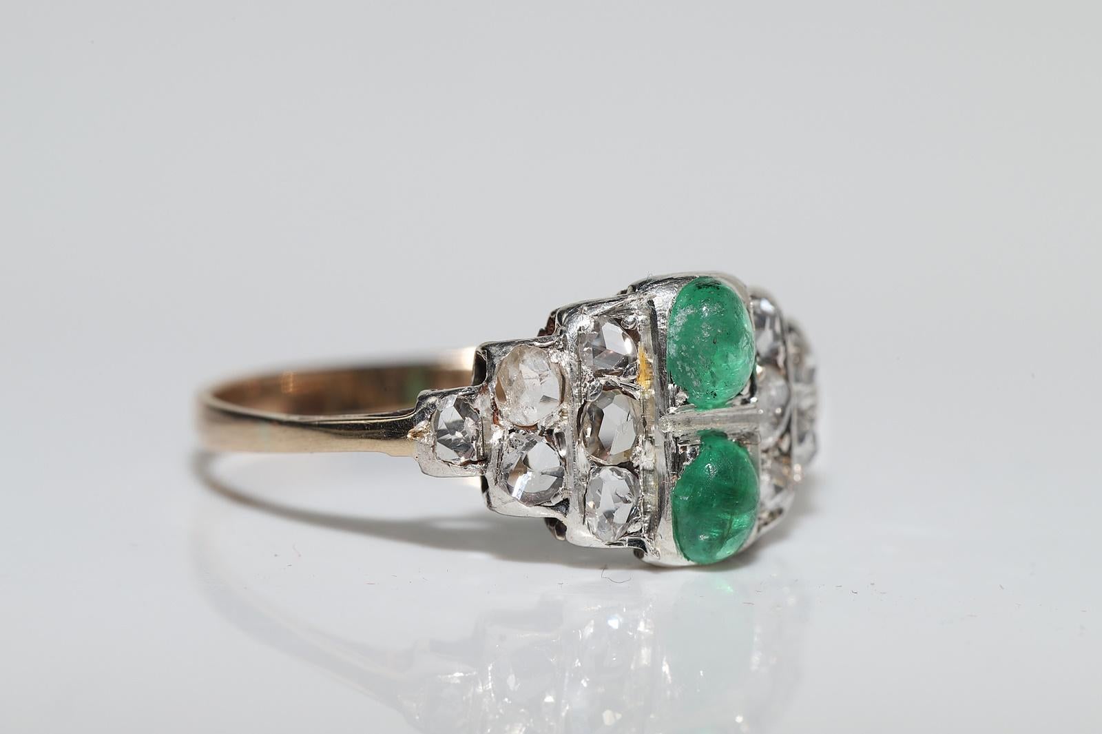 Antique Circa 1900s 14k Gold Top Silver Natural Rose Cut Diamond Emerald Ring For Sale 3