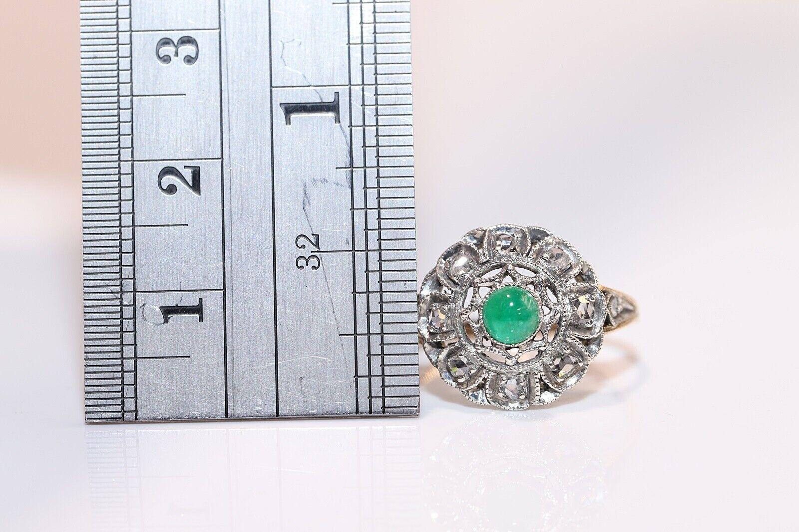 Antique Circa 1900s 14k Gold Top Silver Natural Rose Cut Diamond  Emerald Ring For Sale 2