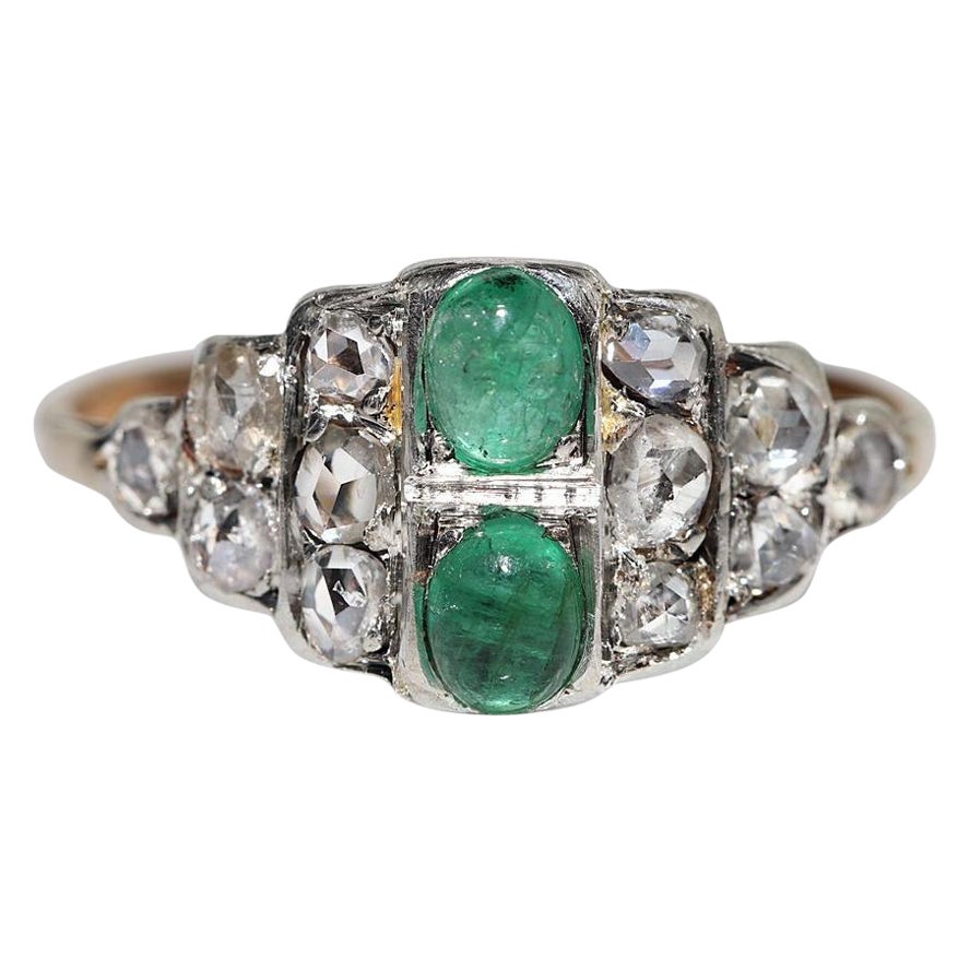 Anello antico CIRCA 1900 in oro 14k e argento con diamante taglio rosa naturale e smeraldo
