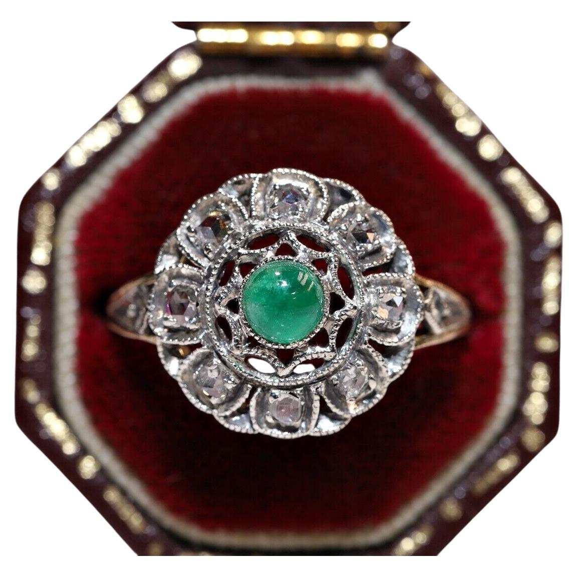 Antique Circa 1900s 14k Gold Top Silver Natural Rose Cut Diamond  Emerald Ring