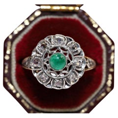 Antique Circa 1900s 14k Gold Top Silver Natural Rose Cut Diamond  Emerald Ring