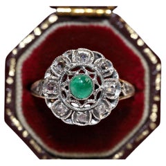 Antique datant des années 1900, or 14 carats, argent et diamants naturels taille rose  Anneau d'émeraude