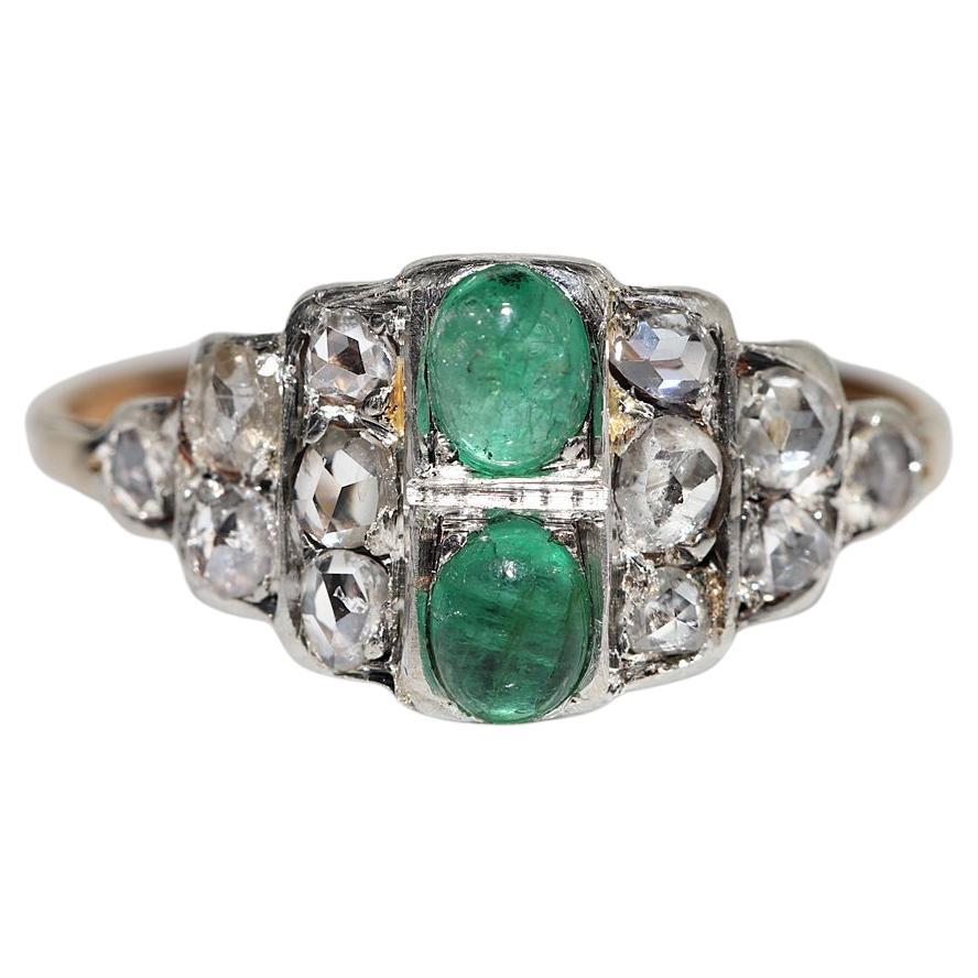Antiker Circa 1900er Jahre 14k Gold Top Silber Natürlicher Rosenschliff Diamant Smaragd Ring im Angebot