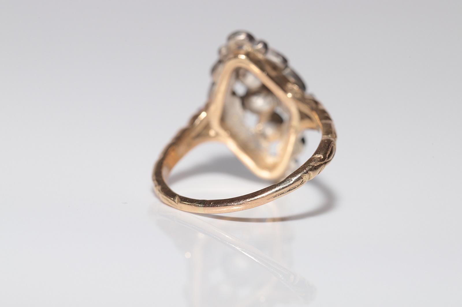 Bague navette ancienne datant des années 1900, or 14 carats, argent et diamants naturels taille rose en vente 4