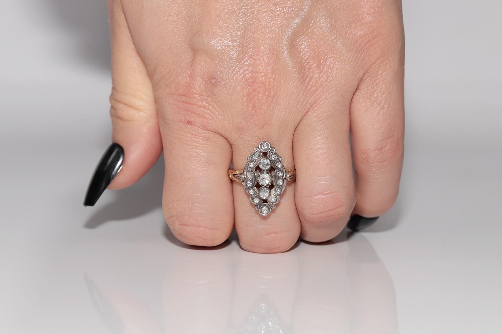 Bague navette ancienne datant des années 1900, or 14 carats, argent et diamants naturels taille rose en vente 8