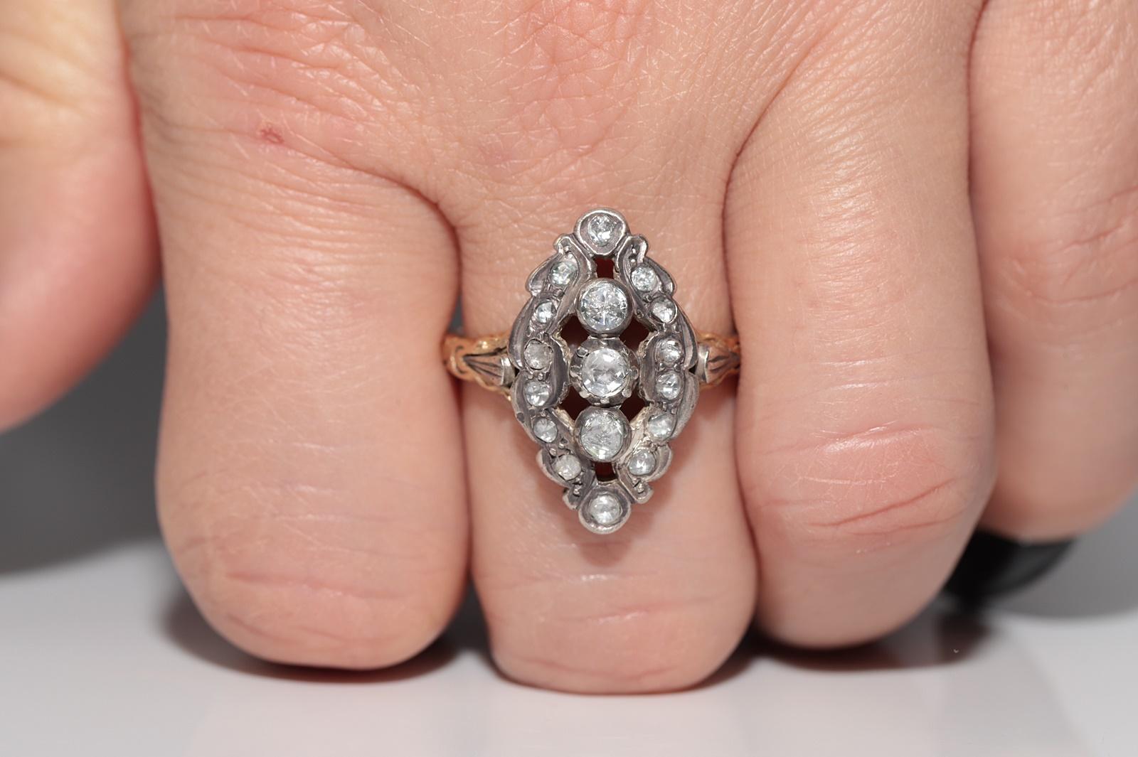 Bague navette ancienne datant des années 1900, or 14 carats, argent et diamants naturels taille rose en vente 9