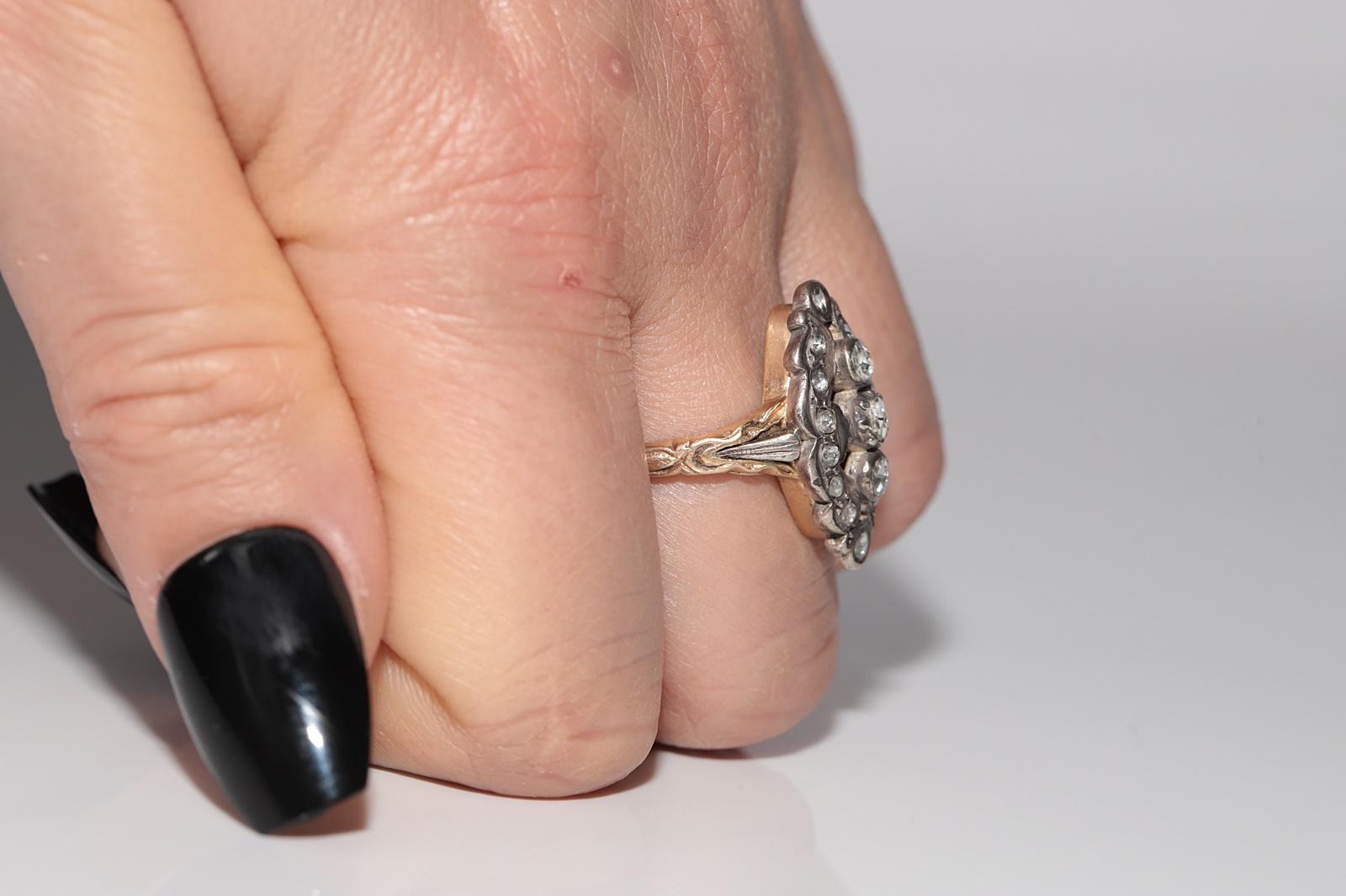 Bague navette ancienne datant des années 1900, or 14 carats, argent et diamants naturels taille rose en vente 10