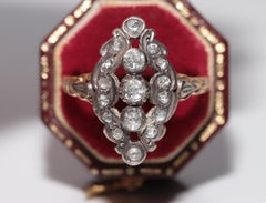 Antique Circa 1900s 14k Gold Top Silver Natural Rose Cut Diamond Navette Ring