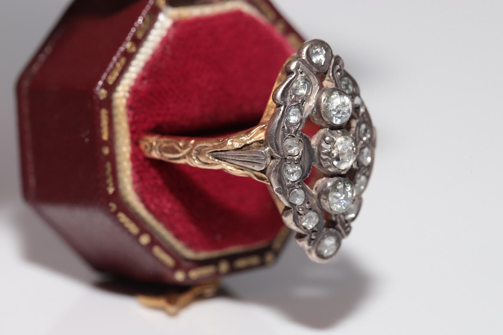 Victorien Bague navette ancienne datant des années 1900, or 14 carats, argent et diamants naturels taille rose en vente