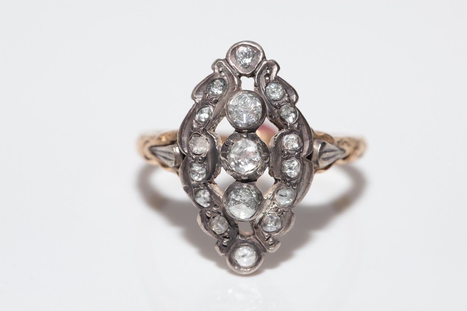 Taille rose Bague navette ancienne datant des années 1900, or 14 carats, argent et diamants naturels taille rose en vente