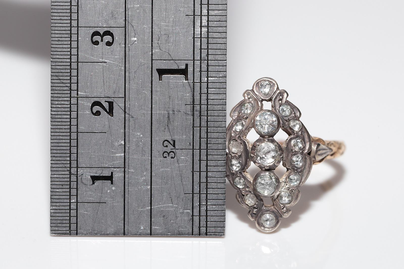 Bague navette ancienne datant des années 1900, or 14 carats, argent et diamants naturels taille rose Bon état - En vente à Fatih/İstanbul, 34