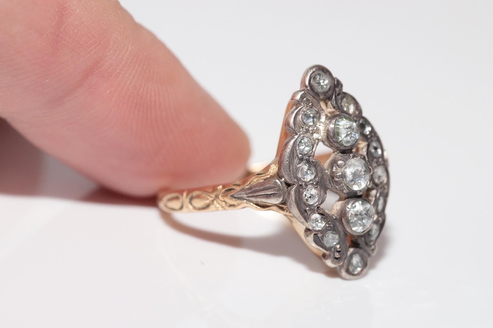 Bague navette ancienne datant des années 1900, or 14 carats, argent et diamants naturels taille rose Pour femmes en vente