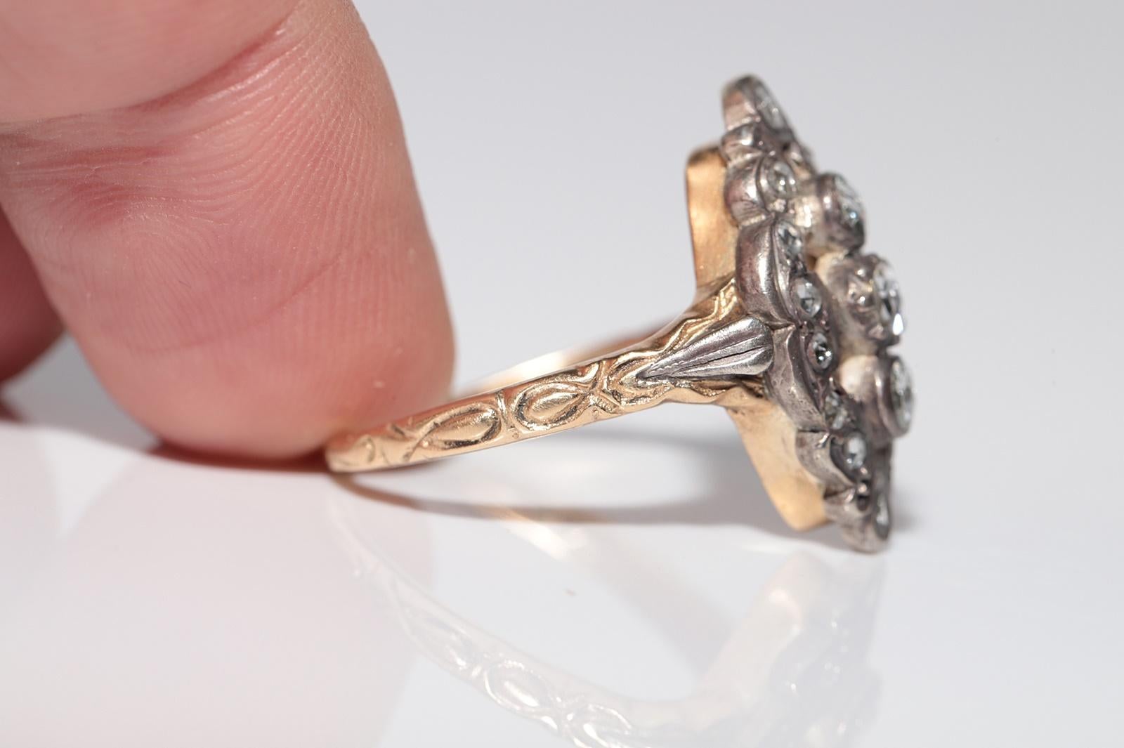 Bague navette ancienne datant des années 1900, or 14 carats, argent et diamants naturels taille rose en vente 1