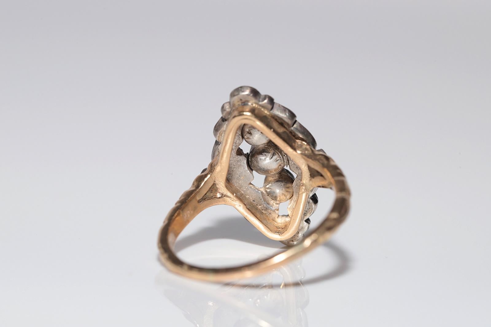 Bague navette ancienne datant des années 1900, or 14 carats, argent et diamants naturels taille rose en vente 3