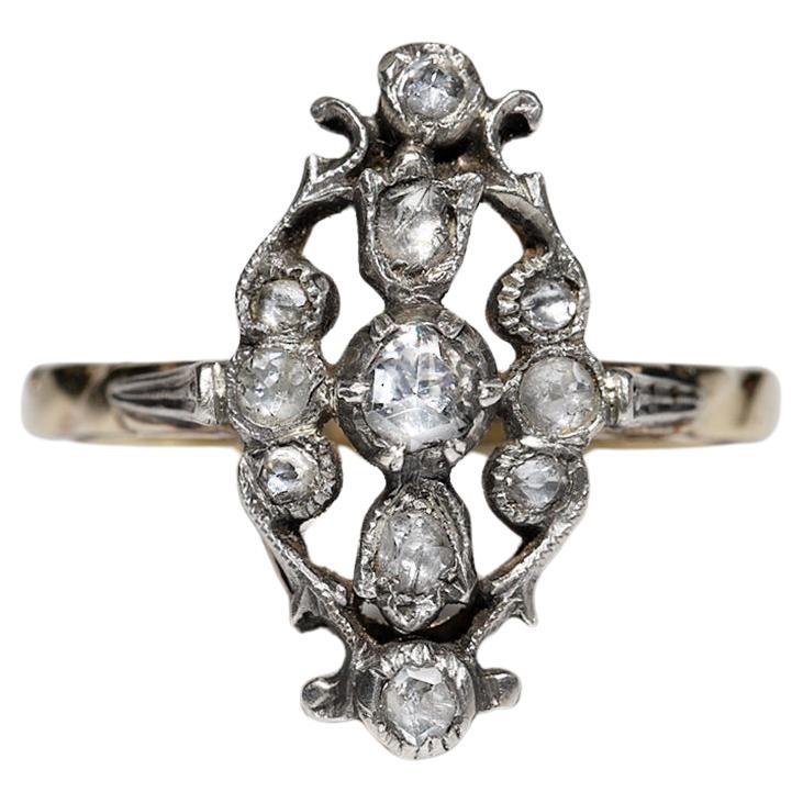 Antique Circa 1900s 14k Gold Top Silver Natural Rose Cut Diamond Navette Ring 