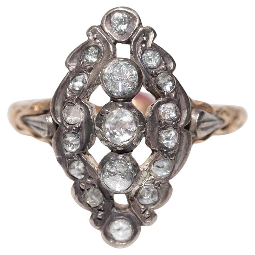 Antiguo Anillo Navette de Diamantes en Corte Rosa Natural de Oro de 14 quilates de la década de 1900