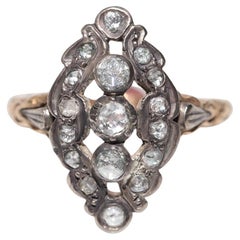 Antiker Navette-Ring, um 1900, 14 Karat Gold, Platin, Silber, natürlicher Diamant im Rosenschliff