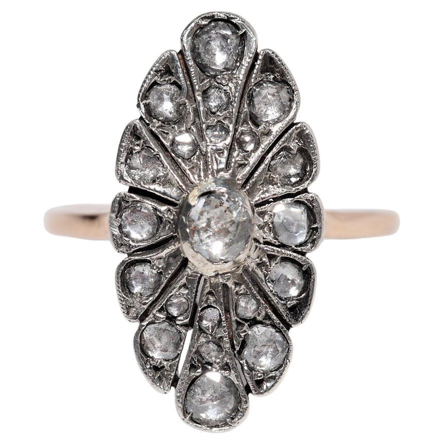 Antiguo Anillo Navette de Diamantes en Corte Rosa Natural de Oro de 14 quilates de la década de 1900
