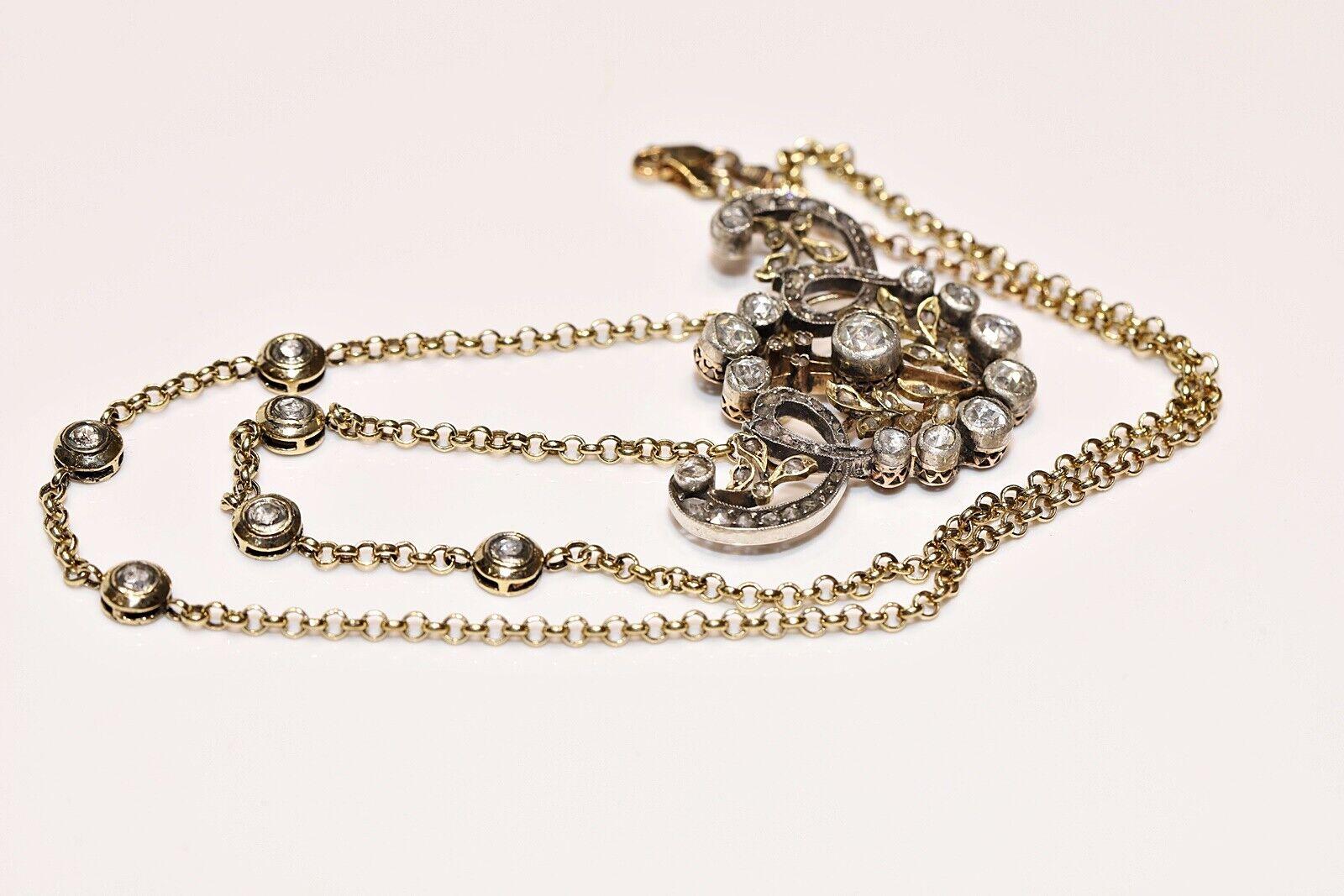 Antique Circa 1900s 14k Gold Top Silver Natural Rose Cut Diamond Necklace  For Sale 5