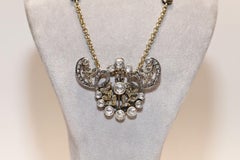 Antique Circa 1900s 14k Gold Top Silver Natural Rose Cut Diamond  Necklace