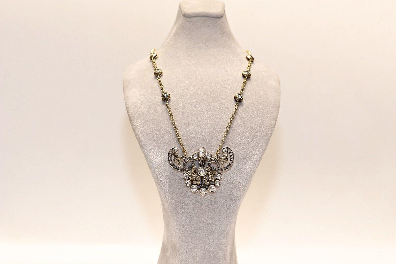 Antique Circa 1900s 14k Gold Top Silver Natural Rose Cut Diamond Necklace  In Good Condition For Sale In Fatih/İstanbul, 34