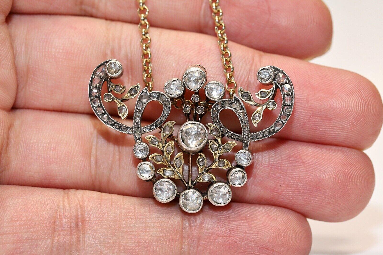 Antique Circa 1900s 14k Gold Top Silver Natural Rose Cut Diamond Necklace  For Sale 1