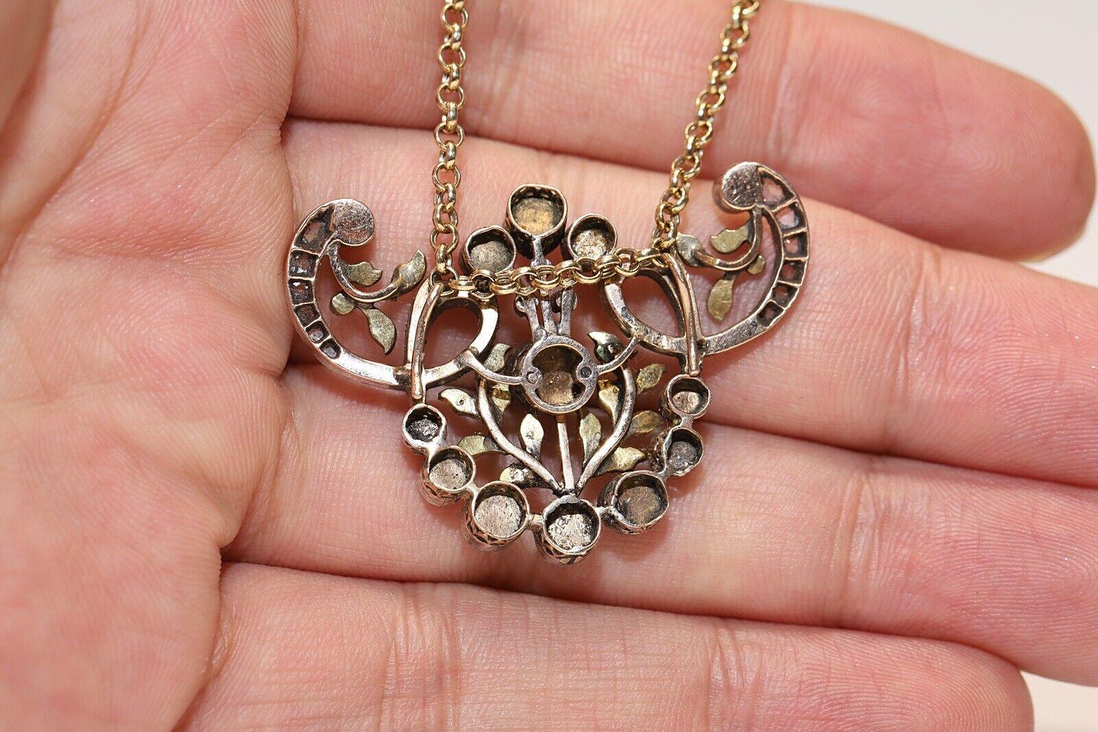 Antique Circa 1900s 14k Gold Top Silver Natural Rose Cut Diamond Necklace  For Sale 2