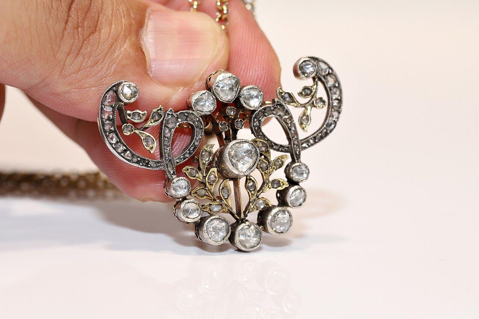 Antike Circa 1900er Jahre 14k Gold Platin Silber natürlicher Diamant im Rosenschliff  Halskette im Angebot 3