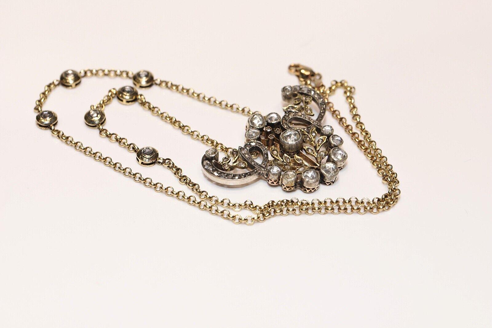 Antique Circa 1900s 14k Gold Top Silver Natural Rose Cut Diamond Necklace  For Sale 4