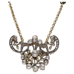 Antique Circa 1900s 14k Gold Top Silver Natural Rose Cut Diamond Necklace 